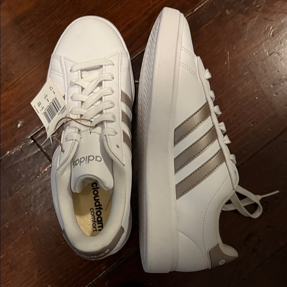 Adidas White Sneakers with Metallic Stripes